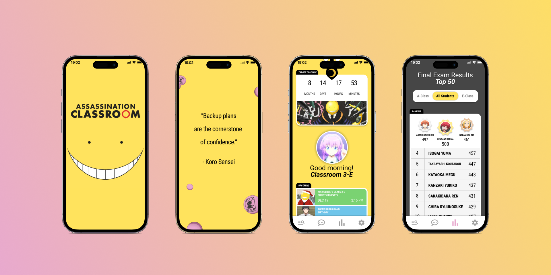 Assassination Classroom student mobile app mockup screens